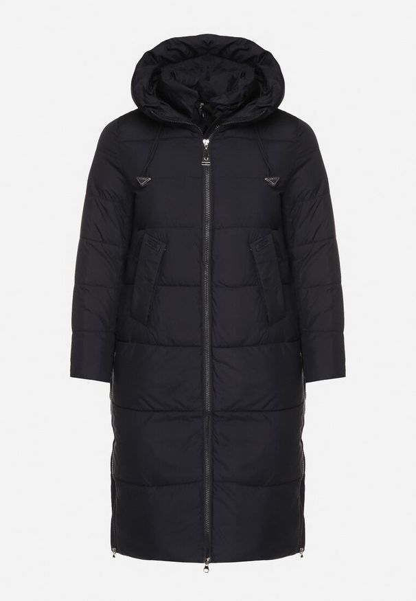 Born2be - Granatowa Długa Kurtka Pikowana z Kapturem i Bocznymi Suwakami Mevoressa. Okazja: na spacer, na co dzień. Typ kołnierza: kaptur. Kolekcja: plus size. Kolor: niebieski. Materiał: dzianina, poliester, jeans. Długość: długie. Styl: casual