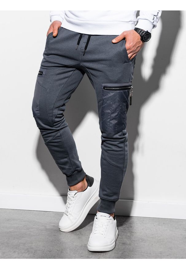 Ombre Clothing - Spodnie męskie dresowe joggery P917 - grafitowe - XXL. Kolor: szary. Materiał: dresówka. Wzór: gładki