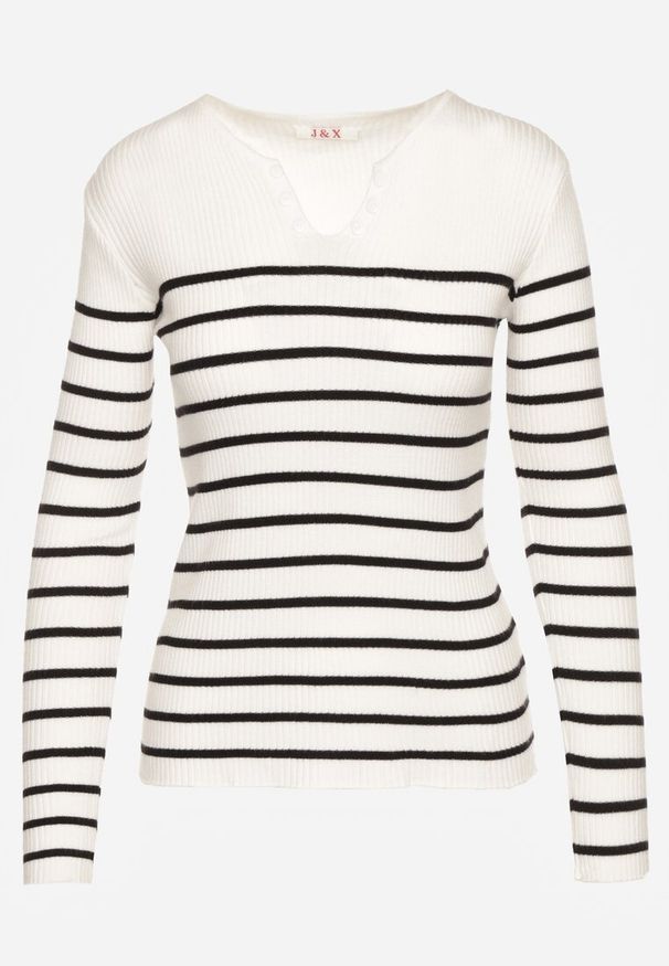 Renee - Biała Bluzka z Bawełną z Motywem Pasków i Guzikami Serisse. Okazja: na co dzień, na spotkanie biznesowe, do pracy. Kolor: biały. Materiał: bawełna. Wzór: paski. Styl: casual, biznesowy