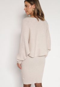 Born2be - Ciemnobeżowy Dzianinowy Komplet Prążkowany Sukienka i Sweter o Kroju Nietoperz Wederela. Kolor: beżowy. Materiał: dzianina, prążkowany #6