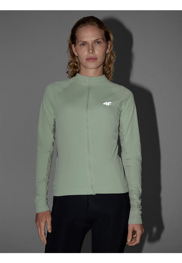 4f - 4F Longsleeve rowerowy rozpinany damski - turkusowy M. Typ kołnierza: kołnierzyk stójkowy. Kolor: turkusowy. Materiał: dzianina, włókno, materiał, syntetyk. Długość rękawa: długi rękaw. Długość: krótkie. Wzór: gładki, ze splotem. Sport: kolarstwo