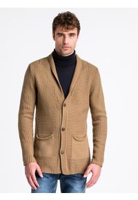Ombre Clothing - Sweter męski rozpinany E164 - camel - L. Kolor: brązowy. Materiał: akryl. Wzór: ze splotem, aplikacja. Sezon: jesień #1
