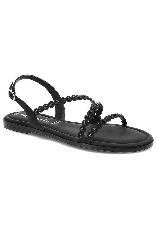 Czarne Sandały Tamaris Eleganckie Buty Damskie. Okazja: na co dzień. Zapięcie: pasek. Kolor: czarny. Materiał: jeans, skóra ekologiczna. Wzór: paski, aplikacja. Sezon: lato. Obcas: na płaskiej podeszwie. Styl: elegancki