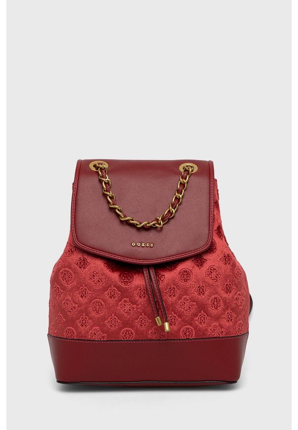 Guess Plecak damski kolor czerwony mały gładki. Kolor: czerwony. Wzór: gładki
