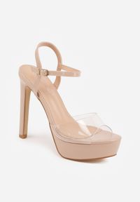 Renee - Beżowe Lakierowane Sandały na Platformie i Szpilce z Przezroczystą Cholewką Elinryn. Zapięcie: sprzączka. Kolor: beżowy. Materiał: lakier. Obcas: na platformie #5