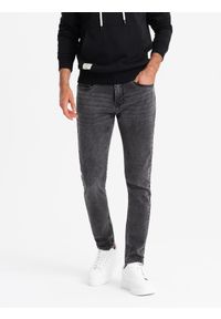 Ombre Clothing - Dopasowane jeansowe męskie spodnie SLIM FIT z elastanem – grafitowe V3. Okazja: na co dzień. Kolor: szary. Materiał: jeans, elastan. Wzór: aplikacja. Sezon: lato. Styl: casual