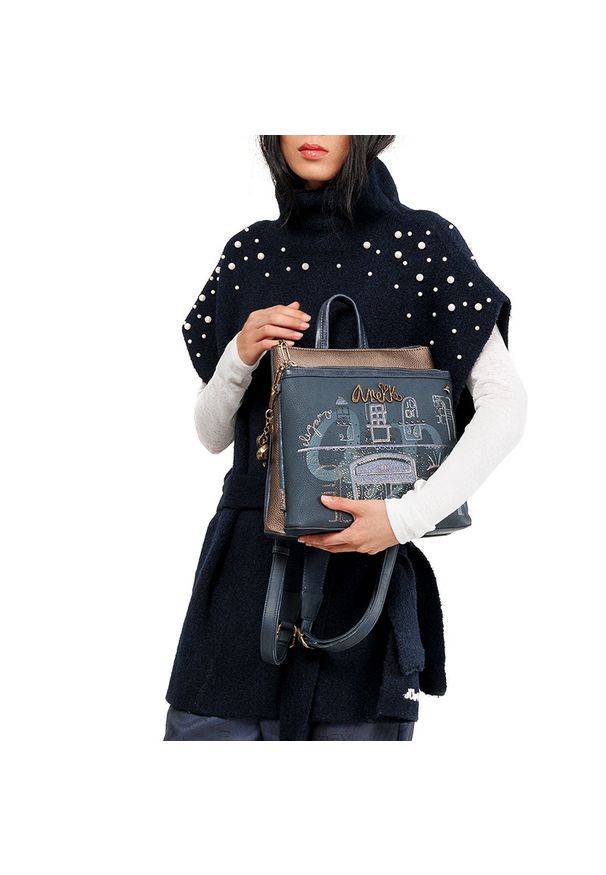 Granatowy Elegancki Damski Plecak Anekke. Kolor: niebieski. Materiał: materiał. Wzór: nadruk, aplikacja, haft. Styl: elegancki