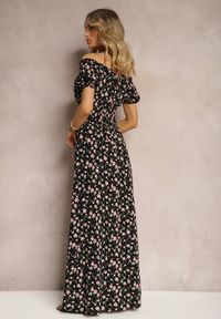 Renee - Czarna Wiskozowa Sukienka w Kwiaty z Trójkątnym Dekoltem i Gumką w Talii Lasteri. Okazja: na co dzień. Kolor: czarny. Materiał: wiskoza. Wzór: kwiaty. Sezon: wiosna. Typ sukienki: proste. Styl: elegancki, casual