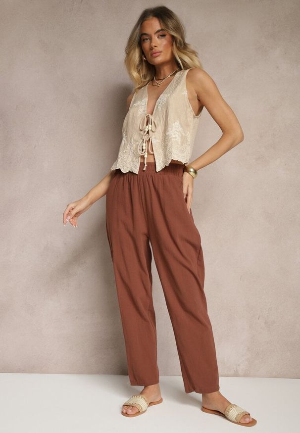 Renee - Ciemnobrązowe Spodnie z Bawełny High Waist Sonirea. Okazja: na co dzień. Stan: podwyższony. Kolor: brązowy. Materiał: bawełna. Styl: casual