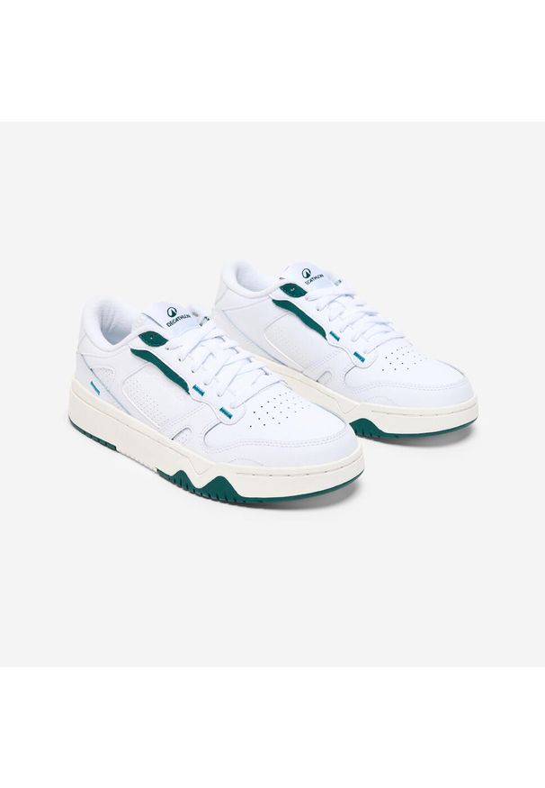 Decathlon - Buty sportowe damskie CJ80. Kolor: zielony, biały, wielokolorowy. Materiał: guma, skóra, kauczuk. Szerokość cholewki: normalna. Sport: turystyka piesza