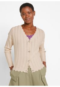 bonprix - Krótki sweter rozpinany ażurowy ze zrównoważonej wiskozy. Kolor: beżowy. Materiał: wiskoza. Długość: krótkie. Wzór: ażurowy