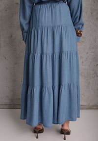 Renee - Niebieska Spódnica Rozkloszowana z Lyocellu High Waist Ozdobiona Falbanami Ravienne. Stan: podwyższony. Kolor: niebieski. Materiał: prążkowany, materiał. Wzór: aplikacja. Sezon: lato #6