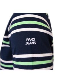 Bawełniana Koszulka Polo w Paski - Pako Jeans - Granatowa. Okazja: na co dzień. Typ kołnierza: polo. Kolor: niebieski. Materiał: bawełna. Wzór: prążki, paski. Styl: casual #4