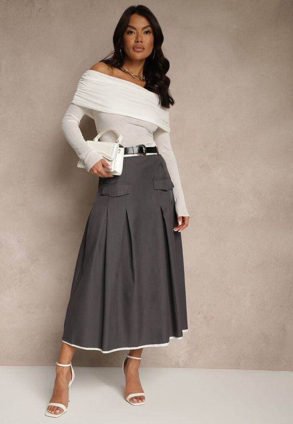 Renee - Szara Spódnica High Waist z Plisami Wykończona Imitacją Kieszeni i Paskiem Evilenes. Okazja: do pracy, na spotkanie biznesowe. Stan: podwyższony. Kolor: szary. Styl: elegancki, biznesowy