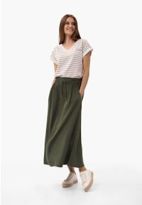 Volcano - T-shirt w paski, Comfort Fit, T-PORTO. Typ kołnierza: dekolt w serek. Kolor: beżowy. Materiał: bawełna, materiał, elastan. Długość rękawa: krótki rękaw. Długość: krótkie. Wzór: paski