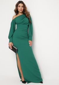 Born2be - Zielona Asymetryczna Sukienka Maxi z Bufiastymi Rękawami i Marszczeniami Solaia. Kolor: zielony. Typ sukienki: asymetryczne. Długość: maxi #5