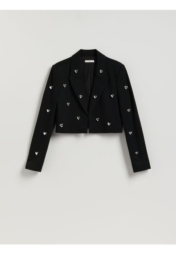 Reserved - Marynarka z aplikacjami - czarny. Kolor: czarny. Materiał: wiskoza, dzianina. Długość: krótkie. Wzór: aplikacja
