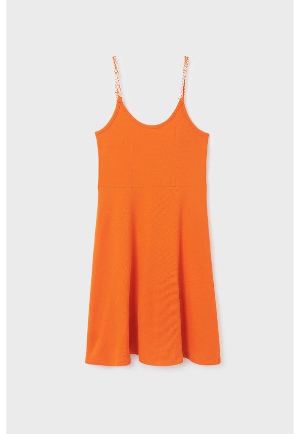 Mayoral sukienka kolor pomarańczowy mini prosta. Okazja: na co dzień. Kolor: pomarańczowy. Długość rękawa: na ramiączkach. Typ sukienki: proste. Styl: casual. Długość: mini