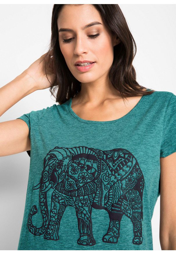 bonprix - T-shirt bawełniany z nadrukiem z przodu, krótki rękaw. Kolor: niebieski. Materiał: bawełna. Długość rękawa: krótki rękaw. Długość: krótkie. Wzór: nadruk