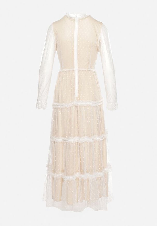 Born2be - Biała Rozkloszowana Sukienka Maxi z Przezroczystszego Tiulu Ozdobiona Koronką Lanessa. Kolor: biały. Materiał: tiul, koronka. Wzór: aplikacja, koronka. Długość: maxi