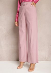 Renee - Różowe Spodnie Szerokie w Stylu Paper Bag z Materiałowym Paskiem Xennia. Kolor: różowy. Materiał: materiał