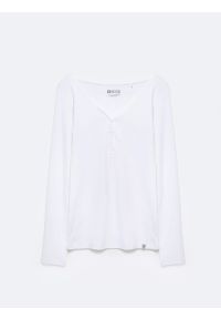 Big-Star - Bluzka damska z prążkowanej dzianiny biała Nathalie 101. Kolor: biały. Materiał: dzianina, prążkowany. Długość: długie. Wzór: aplikacja, kolorowy #4