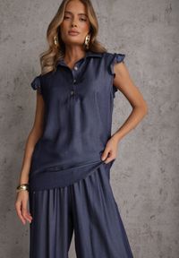 Renee - Granatowy Komplet z Wiskozą Bluzka z Kołnierzem i Spodnie Wide Leg Naunne. Kolekcja: plus size. Kolor: niebieski. Materiał: wiskoza. Wzór: gładki #3