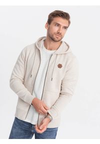 Ombre Clothing - Rozpinana bluza męska HOODIE z przyjemnej dzianiny - kremowy melanż V1 OM-SSZP-0116 - XXL. Kolor: kremowy. Materiał: dzianina. Wzór: melanż