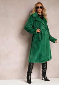 Renee - Zielony Futrzany Płaszcz za Kolano z Wiązanym Paskiem Omerdda. Kolor: zielony. Materiał: futro #3