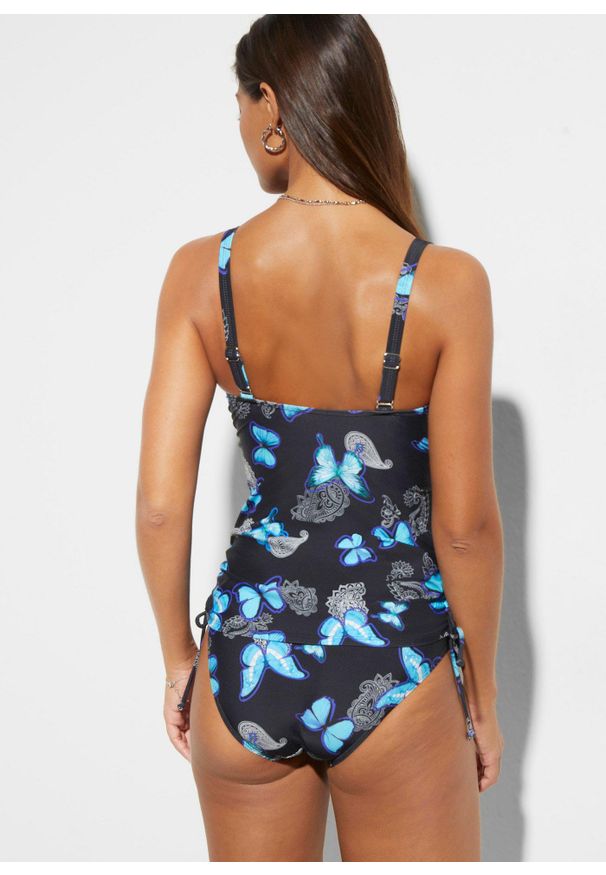 bonprix - Top tankini z wiązanymi troczkami. Kolor: czarny. Materiał: poliamid. Wzór: nadruk