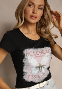 Renee - Czarny T-shirt z Bawełny Ozdobiony Cyrkoniami i Motylem Uliadwena. Okazja: na co dzień. Kolor: czarny. Materiał: bawełna. Wzór: aplikacja. Styl: sportowy, klasyczny, casual #4