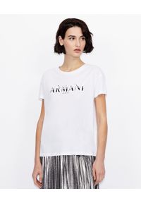 Armani Exchange - ARMANI EXCHANGE - Biały logowany T-shirt. Okazja: na co dzień. Kolor: biały. Materiał: jeans, bawełna. Wzór: nadruk. Styl: klasyczny, casual #1