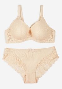 Renee - Beżowy Koronkowy Komplet Biustonosz i Majtki Figi w Klasycznym Stylu Ezirene. Kolor: beżowy. Materiał: koronka. Wzór: aplikacja, koronka #1