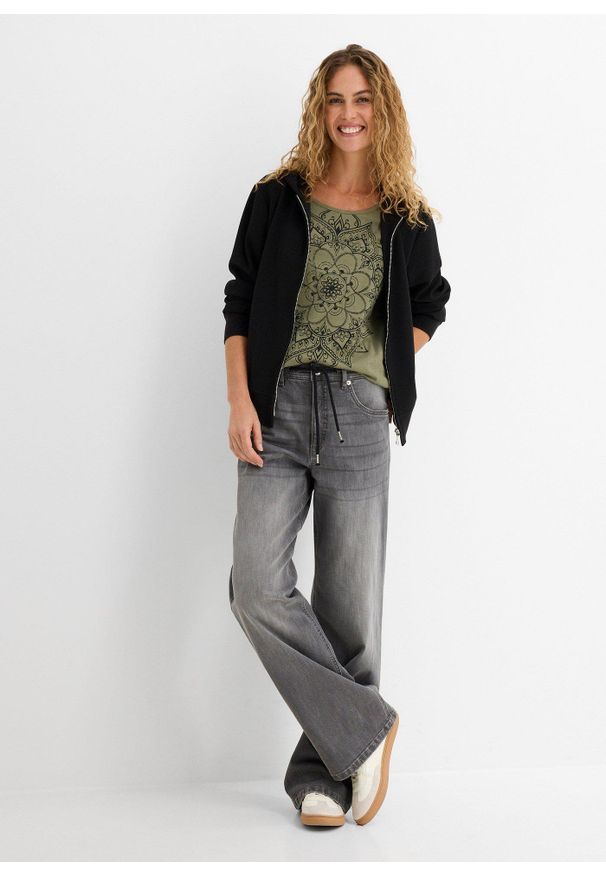 bonprix - Shirt z przędzy mieszankowej, krótki rękaw. Kolor: zielony. Długość rękawa: krótki rękaw. Długość: krótkie. Wzór: nadruk