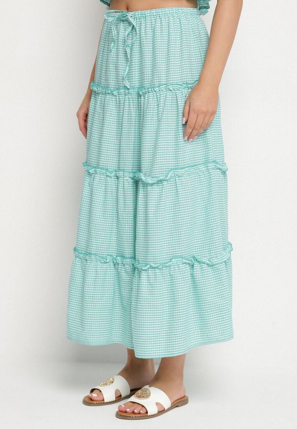 Born2be - Zielony Bawełniany Komplet w Kratkę Vichy Spódnica i Top Frolira. Kolor: zielony. Materiał: bawełna. Wzór: kratka