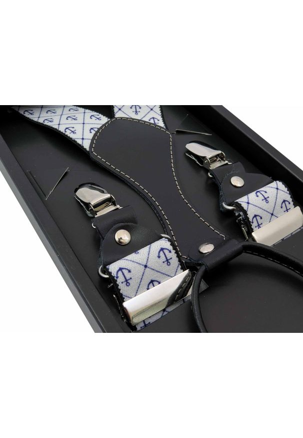 Modini - Białe szelki męskie w kotwice SZ60. Kolor: biały. Materiał: skóra, guma