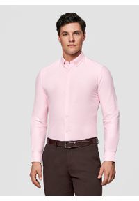 Pako Lorente - PAKO LORENTE – Różowa koszula męska. Typ kołnierza: button down. Kolor: różowy, szary, biały. Materiał: poliester, bawełna. Długość rękawa: długi rękaw. Długość: długie #1