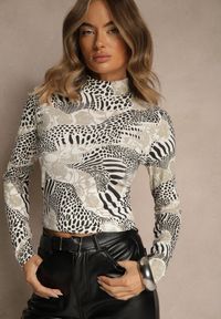 Renee - Jasnoszara Bluzka Longsleeve z Bawełny z Półgolfem i Panterkowym Printem Unalla. Kolor: szary. Materiał: bawełna. Długość rękawa: długi rękaw. Wzór: nadruk