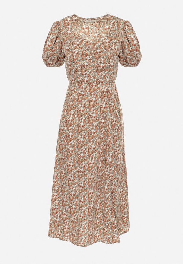 Born2be - Beżowo-Zielona Sukienka Midi z Gumką w Pasie i Rozcięciem Kaylanii. Kolor: beżowy. Materiał: tkanina, bawełna. Sezon: wiosna, lato. Długość: midi