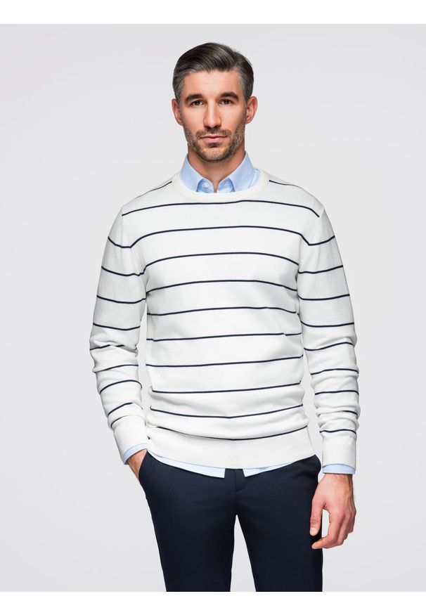 Ombre Clothing - Męski casualowy sweter w poziome paski – kremowy V2 - Rozmiar: XL. Okazja: na co dzień. Kolor: kremowy. Materiał: włókno, bawełna, materiał, nylon. Wzór: paski. Styl: casual