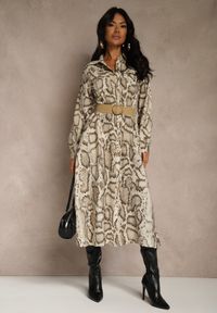 Renee - Beżowa Koszulowa Sukienka Snake Print z Wiskozą i Paskiem Bririn. Okazja: na co dzień. Kolor: beżowy. Materiał: wiskoza. Wzór: nadruk. Typ sukienki: koszulowe. Styl: casual #1