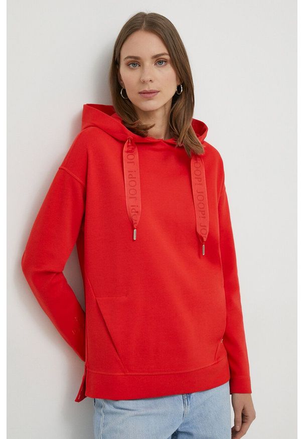 JOOP! - Joop! bluza damska kolor czerwony z kapturem gładka. Typ kołnierza: kaptur. Kolor: czerwony. Materiał: bawełna. Wzór: gładki