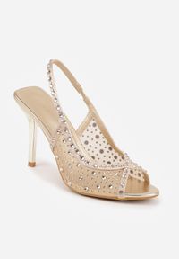 Renee - Złote Siateczkowe Sandały na Szpilce VICES Ozdobione Cyroniami Amamenis. Nosek buta: otwarty. Kolor: złoty. Materiał: skóra, materiał. Wzór: aplikacja. Sezon: lato. Obcas: na szpilce. Wysokość obcasa: średni #7