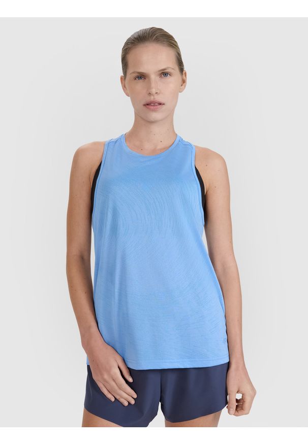 4f - 4F Top do biegania regular szybkoschnący damski - granatowy 3XL. Kolor: niebieski. Materiał: włókno, materiał, dzianina, syntetyk. Długość rękawa: na ramiączkach. Długość: krótkie. Wzór: ze splotem, gładki. Sport: bieganie, fitness