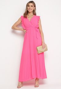 Born2be - Różowa Plisowana Sukienka Maxi Wiskozowa z Kopertowym Dekoltem i Falbankami Glimes. Typ kołnierza: kołnierz z falbankami. Kolor: różowy. Materiał: wiskoza. Typ sukienki: kopertowe. Długość: maxi #7