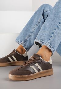 Born2be - Brązowe Sneakersy na Grubej Podeszwie z Ozdobnymi Paskami Neveletta. Zapięcie: pasek. Kolor: brązowy. Materiał: skóra, jeans #5