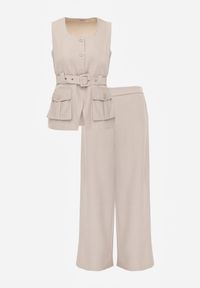 Renee - Beżowy Garniturowy Komplet z Bawełną Spodnie Wide Leg i Kamizelka Utility Aloane. Kolor: beżowy. Materiał: bawełna #3