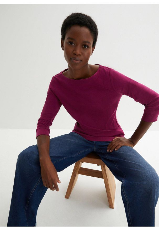 bonprix - Bluzka z długim rękawem z czystej bawełny organicznej. Kolor: fioletowy. Materiał: bawełna. Długość rękawa: długi rękaw. Długość: długie