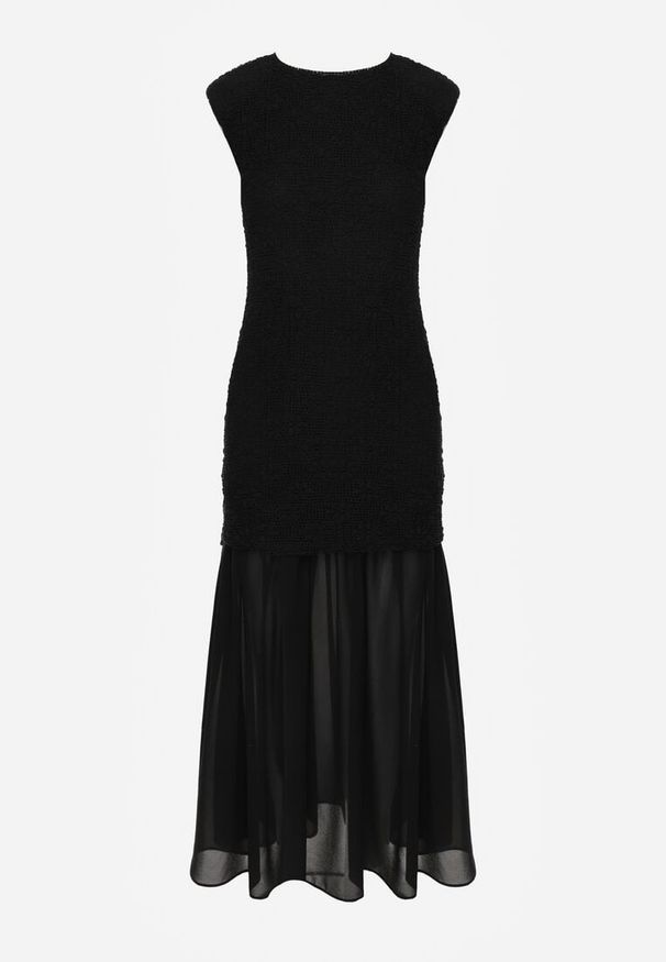 Renee - Czarna Ażurowa Sukienka z Transparentnym Dołem i Usztywnionymi Ramionami Semiris. Kolor: czarny. Wzór: ażurowy. Styl: klasyczny