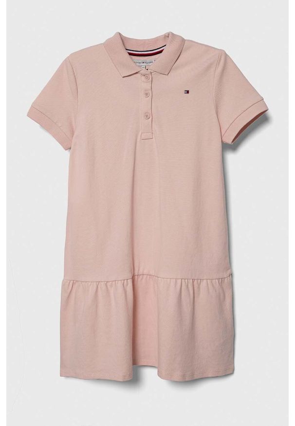 TOMMY HILFIGER - Tommy Hilfiger sukienka dziecięca kolor różowy mini rozkloszowana. Kolor: różowy. Materiał: bawełna. Długość rękawa: krótki rękaw. Typ sukienki: rozkloszowane. Długość: mini
